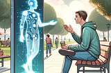 An illustration of a person in a casual outdoor setting, engaging in a friendly conversation with someone. Next to the person is a visual representation of their AI companion, depicted as a holographic figure emanating from their smartphone. The AI companion appears semi-transparent with a digital, futuristic look, with visual cues like circuit patterns and light emanating from its silhouette. The setting is relaxed and friendly, indicating a harmonious blend of human and AI interaction.