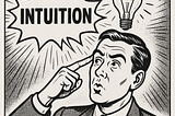 A comicbook-style image of a man with a lightbulb over his head and the word INTUITION. Generated by ChatGPT, prompted by Ed Orozco.