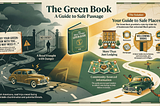 An illustrated infographic titled “The Green Book: A Guide to Safe Passage,” showing roads, cars, warning signs, and icons representing businesses that welcomed Black travelers.