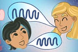 Two people talk to one another with speech bubbles above their heads.