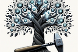 Illustration: A digital tree stands tall, its branches intricately made of lines of code. The leaves are unique software components, each glowing with a luminescent hue indicating connectivity. At the tree’s base, there’s a meticulously detailed chisel and hammer, with the words ‘backward compatible, forward extensible’ elegantly engraved on them, representing the art and craft of software development.