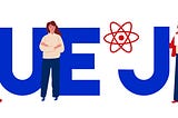 Illustration of man and woman in front of the words Vue JS