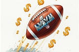 Image of an American football for this year’s Super Bowl with golden dollar signs.