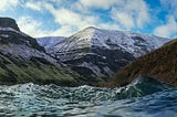 beautiful river water, mountains, sky