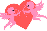 Two pink cupids face off against each other against the backdrop of a red heart