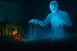 Illustration of the U.S. Congress chamber with a towering holographic AI figure manipulating lawmakers via glowing code-strings, symbolizing hidden algorithmic control over policy.
