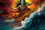 A blue-skinned figure with long black hair dances in an ocean of dark turquoise water. They are wearing red and orange fabric that flies out around their body. The frothy white and turquoise waves rise up on the front right. A saffron and yellow colored sunset is directly behind them and glows around their body.