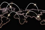 Black image with white outline of countries with network connections