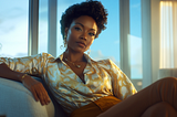 Middle-aged Black Asian woman, Black Marie Antoinette, sitting in a modern corner office, hyper-realistic.