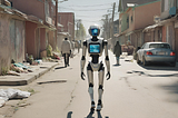 A futuristic robot walks through a poverty-stricken neighborhood