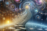 A vision of the universe shows steps linking between galaxies, decorated with fractals and represent the transition from a novices single dimensional sequence of steps to a masters view of a multi-dimensional spacetime continuum