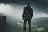 A hiker standing on the edge of a large cliff overlooking a valley with a rain storm in the distance.