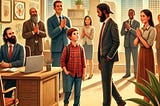 Father and son in office setting.
