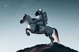 A photorealistic illustration of a cosmonaut mounting a horse