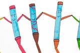Five crayons holding hands and smiling: yellow,red,brown,orange and green.