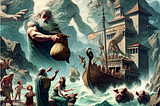 Cover design for ‘Odyssey by Homer | Book 10 Explained | Leonidas Esquire Translation | by Leonidas Esquire Williamson is showcasing a photo of a scene showing Odysseus receiving the bag of winds from Aeolus, encountering the giant Laestrygonians, and interacting with Circe on the isle of Aeaea.