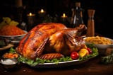 A traditional turkey on a platter at a Thanksgiving setting