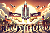 Image created using Dall-E 3 — Concept art of a membership launch featuring a rocket blasting off before a crowd at sunrise.