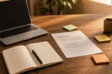 Open notebook, laptop, and printed page on a desk with scattered sticky notes in warm light.