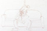 Pencil sketch of a woman on a couch with a toddler climbing on her head and shoulders