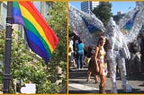 Photo on left: rainbow flag hanging in front of green shrubbery. Photo on right: a woman in a white flowered dress standing next to a shimmery silver creature at a Pride Celebration.
