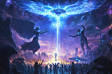 An angel and demon grasp at a key that leads to a ufo with angelic wings
