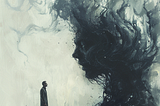 a person standing and facing a massive, swirling cloud of dark and light strokes, which almost appears to form a giant, abstract face. This artistic depiction creates a striking contrast between the human figure and the overwhelming forces represented by the ethereal form. It evokes themes of introspection, the vastness of human emotion, or perhaps the struggle between an individual and larger, unseen forces. The use of monochrome tones enhances the mysterious and somewhat ominous mood of the sc