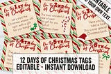 12 days of Christmas Editable tags, Printable 12 days of Christmas gift tags, Add your own text, Christmas tags, 12 days christmas gift tags