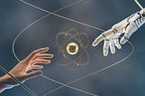 A digital illustration depicting the convergence of human and artificial intelligence in space exploration. A human hand and a robotic hand reach towards each other, with an atom at the center, symbolizing the fusion of technology and science. Thin golden lines surround the atom, representing orbit or cosmic energy. This image highlights the synergy between humans and AI in advancing space research and exploration.