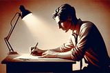 A person writing a story sitting at a desk