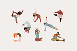 An illustration of eight people of different genders, ethnicities, and body types doing different yoga postures.