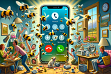 An illustration of a chaotic room with oversized bumblebees and people in a state of panic. In the center, an exaggeratedly large smartphone displays a call screen with various options such as “Accept,” “Decline,” and “Send a message.” Each option is surrounded by icons like a green phone and red hang-up symbol. The room is painted in a pastoral style with a window showing a mountain landscape, and various vintage electronics are strewn about. A dog sits calmly amidst the chaos.