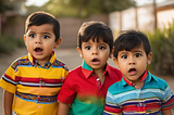 Three young Mexican boys in colorful shirts, standing with a look of surprise on their faces.