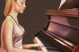 A digital oil painting of a young lady playing the piano.