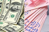 Split screen showing US dollar bills on one side and Chinese yuan on the other, with debt charts in the background