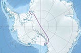 A map drawing on Antarctica showing the route of the Trans Antarctic expedition as a purple line across the white continent.