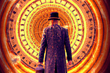 time traveler over a quantic portal traveling to the past to warn about the bitcoin chaos that will be in the future