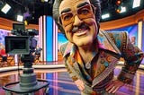 A cartoon of a TV evangelist in flamboyant clothes on front of a camera
