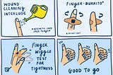 A comic strip outlining the user journey of a person who needs a knuckle bandaid.