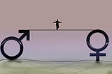 A photo showing a person on a tightrope between the Roman “male” symbol and the Roman “female” symbol.