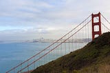 The Golden Gate Bridge with San Francisco’s skyline in the background.