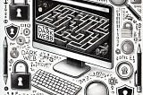 A black-and-white pencil sketch showing a computer screen with a maze-like interface surrounded by symbols of security and monitoring tools.