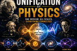 A cinematic science-themed infographic poster titled “Unification of Physics.” The image features portraits of Albert Einstein, James Clerk Maxwell, and Erwin Schrödinger surrounding a glowing central sphere labeled “Energy + Space-Phase (Medium).” Blue and gold energy waves flow across the scene, connecting visual representations of atoms, chemistry, stars, galaxies, and the cosmic web. A bright spiral galaxy appears in the upper right against a deep space background filled with stars and nebul