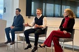 From left, Russell Investments General Counsel Aaron Ostrovsky, CEO Zach Buchwald, and Senior Director of Derivatives Trading Lisa Cavallari answer questions from Foster students.