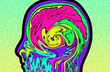 Digital drawing of a silhouetted head with swirls of pink, yellow, green, purple, and blue inside where the brain would be.