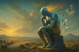 A surreal digital painting of a giant statue-like figure resembling Rodin’s The Thinker, sitting on a stone block in a vast golden landscape at sunset. The figure’s left side is solid stone, while its right side breaks apart into glowing geometric panels, wooden planks, and scattered paper sheets that dissolve into the sky. A faint bust drifts away in the distance, while birds fly across the horizon and dark monolithic blocks dot the winding path below.