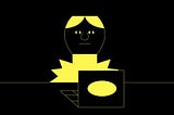 An illustration in black and yellow of someone in front of a laptop