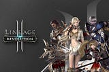 Four characters (a human, an elf, a dark elf, and a dwarf) stand together on the right side of the picture against a gray background. The logo for Lineage 2: Revolution sits on the left side of the picture.