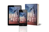 Photo of the author’s book, “The Pact” in digital and print versions. Book covers show bats flying through a sunset.