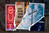 A collage of photos atop a faded out image of graffiti — the photos include a neon “Buy” sign, signage that says “Start before you’re ready” featuring Marie Forleo’s face from her book tour, a large cross in front of a cloudy sky, and Hammerstein Ballroom during Marie Forleo’s Everything Is Figureoutable Experience